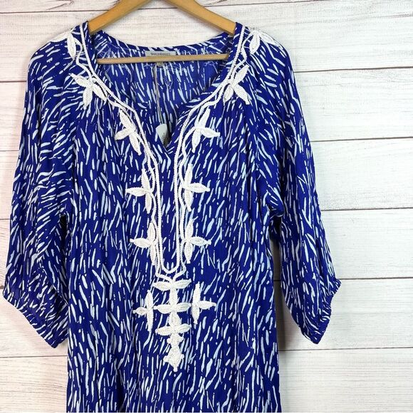 World Market Blue White Embroidered Boho Maxi Long Dress Free Size NWT - Picture 5 of 15